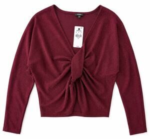 NWT Express XS Burgundy Metallic Twist Front Long Sleeve Top